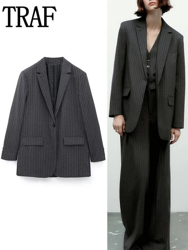 TRAF naiste triibuline jakk, 2022. aasta sügistalvine ülisuur naiste bleiser, pikkade varrukatega naiste bleiser, vabaaja bleiser