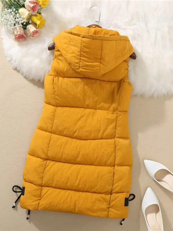 Дамска ватирана пухена жилетка със сваляща се качулка, без ръкави и цип, стилна есенно-зимна ежедневна топла горна дреха