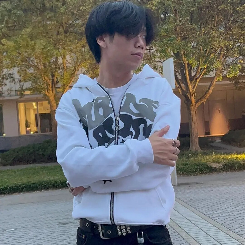 Y2K 2023 Euroopa ja Ameerika suur tänavasuurus vaba roosa trükimustriga tõmblukuga kapuuts Hip-hopi moesõprade peoriided