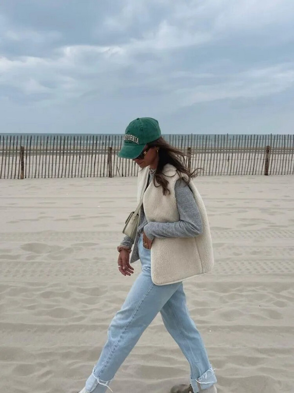 Beežist fliisist plüüsist vestiga jope šikk talve lambavillast kašmiirvest naistele, uued varrukateta täisvestid