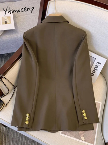 Yitimuceng Fashion Blazers για Γυναικεία Μπουφάν 2023 Νέα Άνοιξη Καλοκαίρι Γυναικεία Μακριά Παλτό Γυναικεία Μακριά Πανωφόρια με Διπλό Στήθος