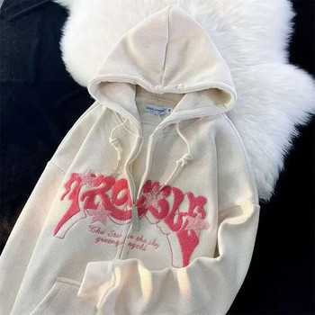 Y2K Letter Κεντημένο με κουκούλα Γυναικεία Φθινοπωρινή, Χειμερινή Vintage Φούτερ με φερμουάρ μεγάλου μεγέθους Φούτερ Harajuku Ρούχα με μακρυμάνικο μπουφάν με κουκούλα