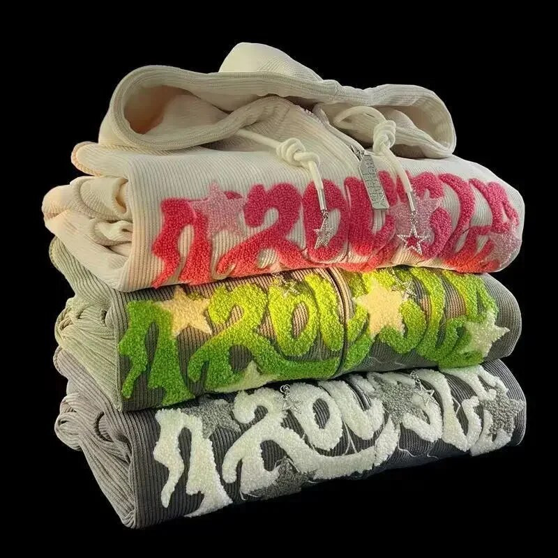 Y2K raidėmis siuvinėtas gobtuvas Moteriškas rudens žiemos vintažinis su užtrauktuku Negabaritinis megztinis Harajuku ilgomis rankovėmis su gobtuvu švarkas Drabužiai