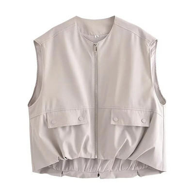 Φερμουάρ με βαμβακερό γιλέκο τσέπης Γυναικείο κομψό στρίφωμα αμάνικο γιλέκο Ζακέτα 2023 Lady High Streetwear γιλέκο Φθινοπωρινό Vintage