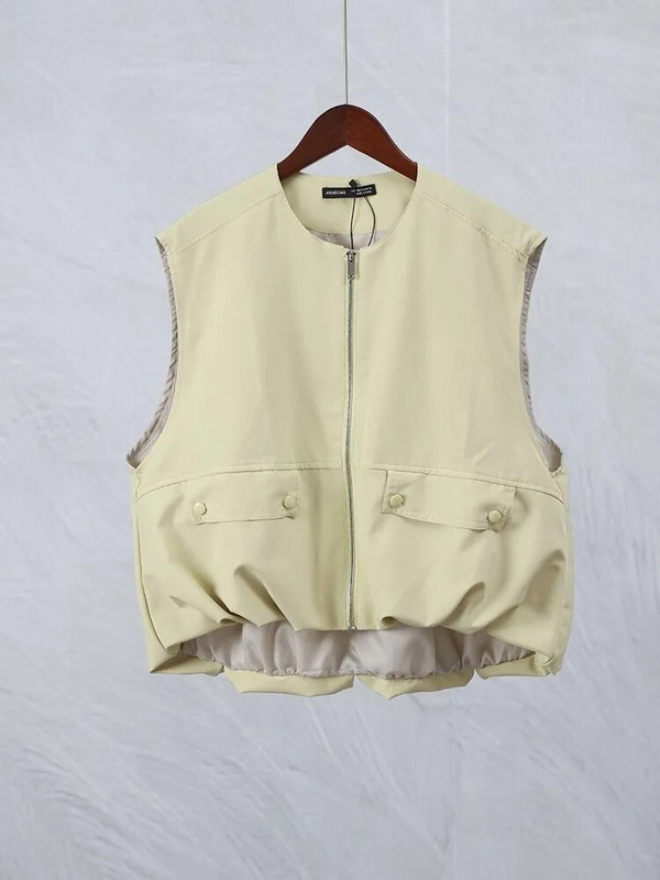 Φερμουάρ με βαμβακερό γιλέκο τσέπης Γυναικείο κομψό στρίφωμα αμάνικο γιλέκο Ζακέτα 2023 Lady High Streetwear γιλέκο Φθινοπωρινό Vintage