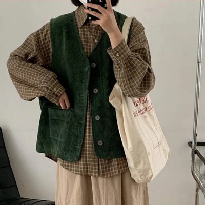 Velvelinės liemenės Moteriškos gatvės apranga, kišenės, rudeniniai paltai, švelnūs Visiems tinkantys Ropa Mujer japoniško stiliaus solidūs vintažiniai Жилетка Женская