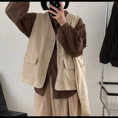 Velvelinės liemenės Moteriškos gatvės apranga, kišenės, rudeniniai paltai, švelnūs Visiems tinkantys Ropa Mujer japoniško stiliaus solidūs vintažiniai Жилетка Женская