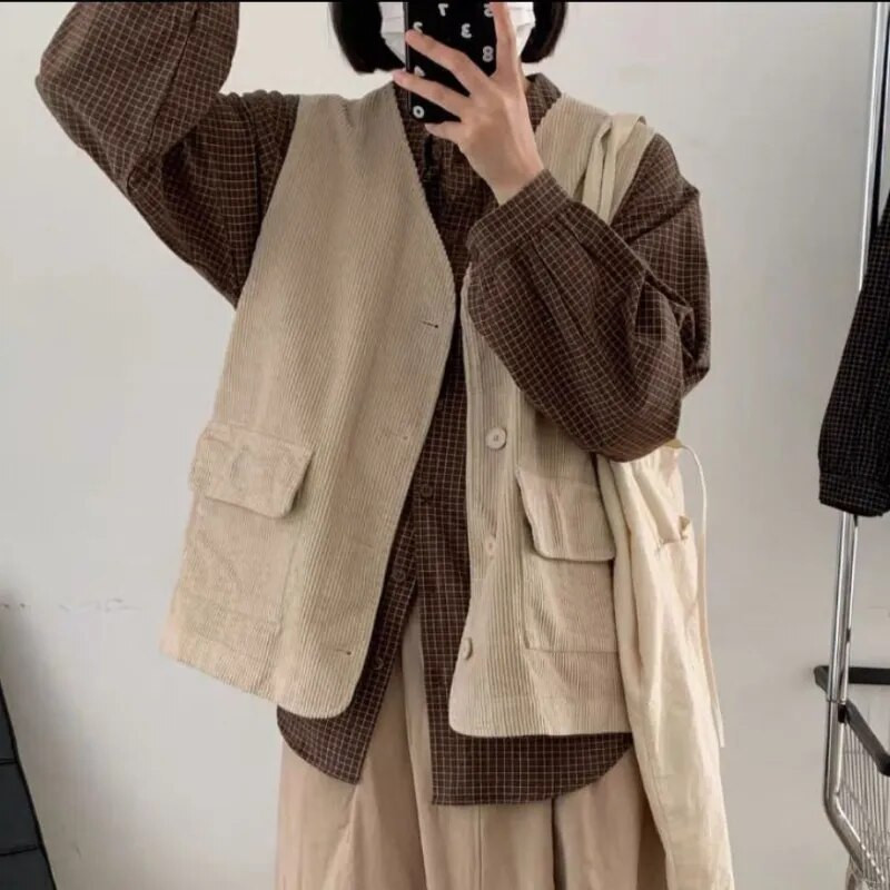 Velvelinės liemenės Moteriškos gatvės apranga, kišenės, rudeniniai paltai, švelnūs Visiems tinkantys Ropa Mujer japoniško stiliaus solidūs vintažiniai Жилетка Женская