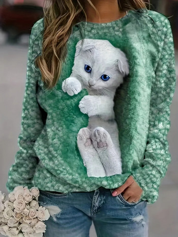 Дамски суитшърт с принт на сладко коте 2023 Есен нов дамски горен ежедневен удобен пуловер с увеличен размер