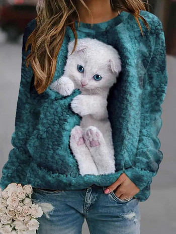 Дамски суитшърт с принт на сладко коте 2023 Есен нов дамски горен ежедневен удобен пуловер с увеличен размер