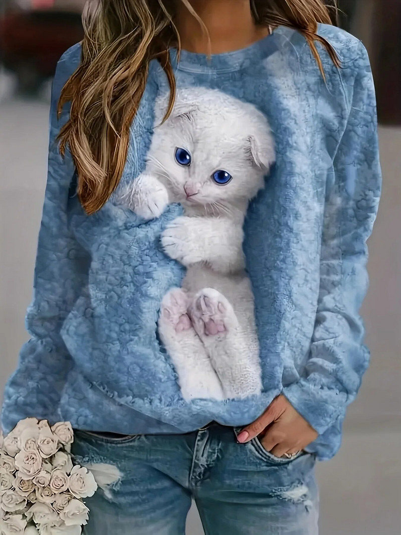 Mielas kačiuko raštas Moteriškas megztinis apvalia kaklelis 2023 Rudens naujas moteriškas laisvalaikio patogus ir padidinto dydžio megztinis