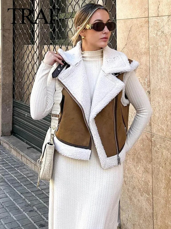 TRAF 2023 Φθινοπωρινή γυναικεία μόδα ψεύτικο δέρμα αρνιού συνονθύλευμα αμάνικο γιλέκο Παχύ παλτό με ζεστό γιλέκο με φερμουάρ