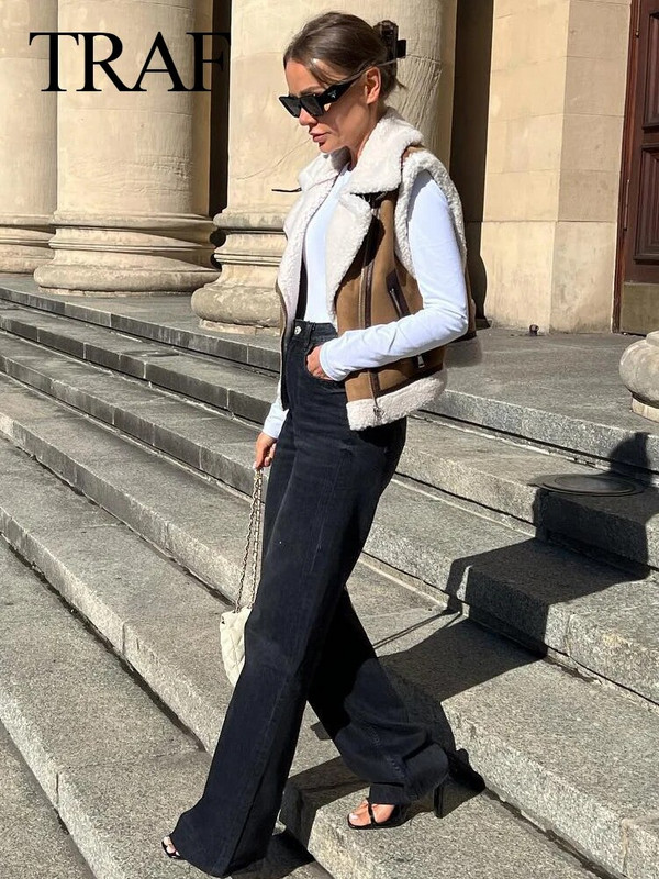 TRAF 2023 sügisene naistemood kunstnahast lambavill lapiga varrukateta vest jakk tihendav soe lukuga vestid mantel