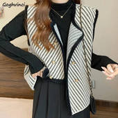 Varrukateta vestid Naiste uued sügisrõivad Elegantne kontoriproua prantsuse stiil Vintage Ebaregulaarne disain Triibuline kõrgmoodne šikk