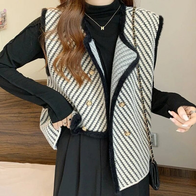 Varrukateta vestid Naiste uued sügisrõivad Elegantne kontoriproua prantsuse stiil Vintage Ebaregulaarne disain Triibuline kõrgmoodne šikk