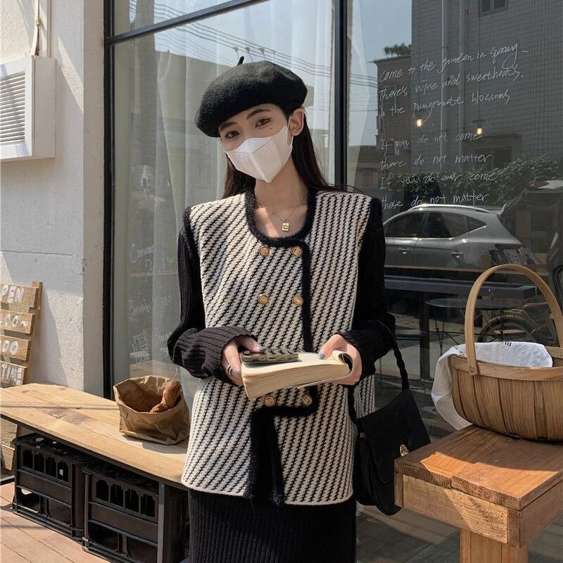 Varrukateta vestid Naiste uued sügisrõivad Elegantne kontoriproua prantsuse stiil Vintage Ebaregulaarne disain Triibuline kõrgmoodne šikk