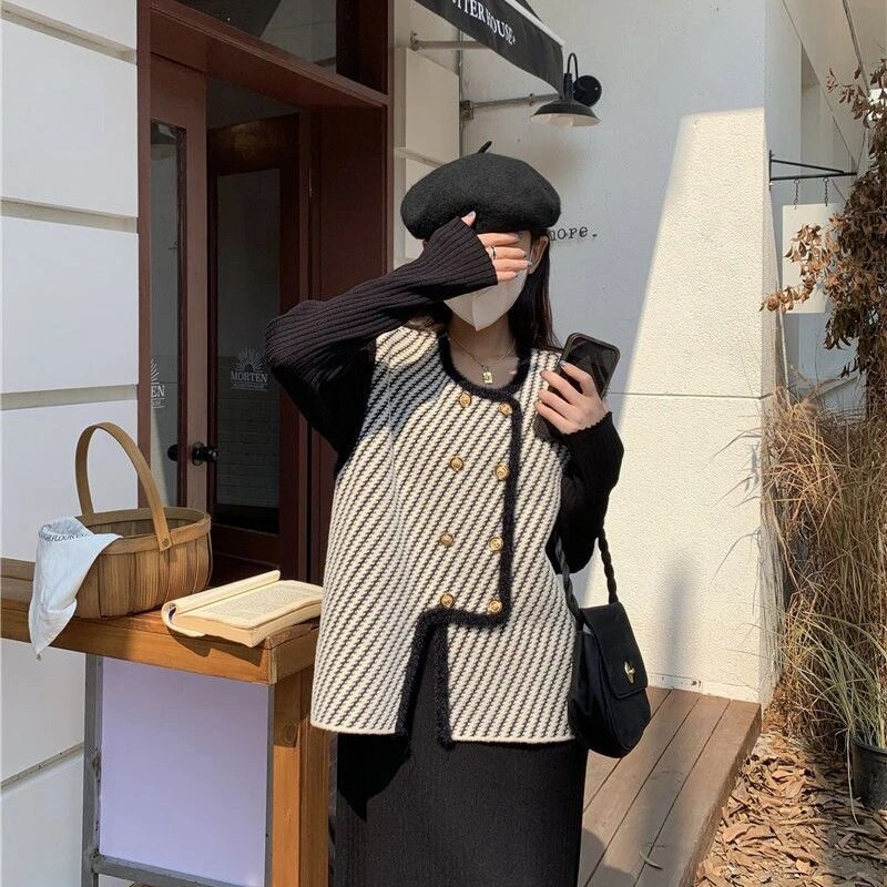 Varrukateta vestid Naiste uued sügisrõivad Elegantne kontoriproua prantsuse stiil Vintage Ebaregulaarne disain Triibuline kõrgmoodne šikk