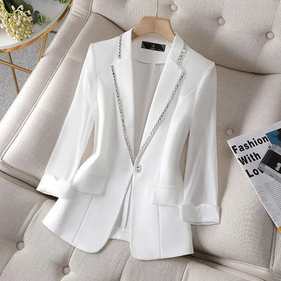 Rhinestone White Coat Long Casual Blazers Korean Jacket για Γυναικεία Πολυτελή Γυναικεία Ρούχα Δωρεάν αποστολή Άδεια αποστολής 2023 Blazer