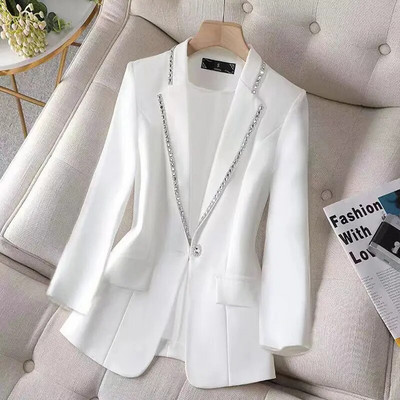 Rhinestone White Coat Long Casual Blazers Korean Jacket για Γυναικεία Πολυτελή Γυναικεία Ρούχα Δωρεάν αποστολή Άδεια αποστολής 2023 Blazer