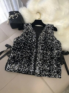 Módne dámske nové trblietavé flitrované vesty pre ťažký priemysel, voľné čipkované krátke košele, sto zodpovedajúcich košieľ, malé kardigany