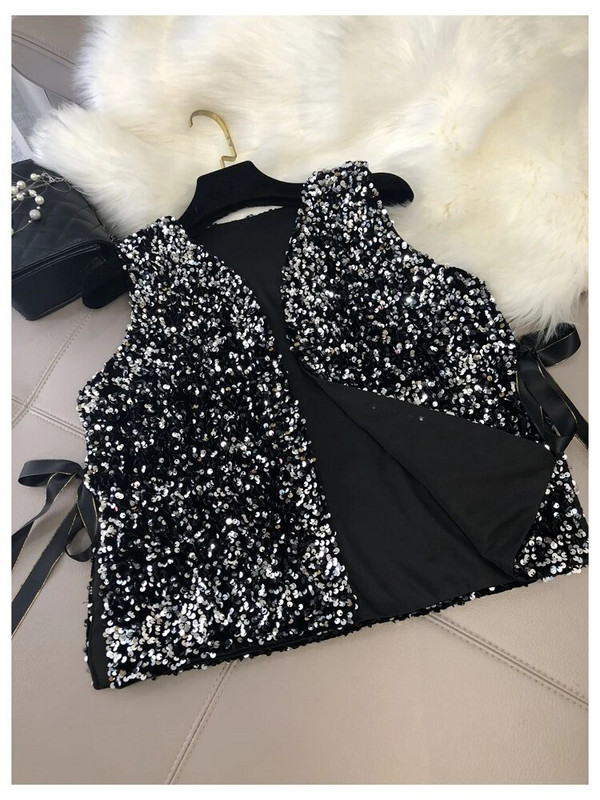 Módne dámske nové trblietavé flitrované vesty pre ťažký priemysel, voľné čipkované krátke košele, sto zodpovedajúcich košieľ, malé kardigany