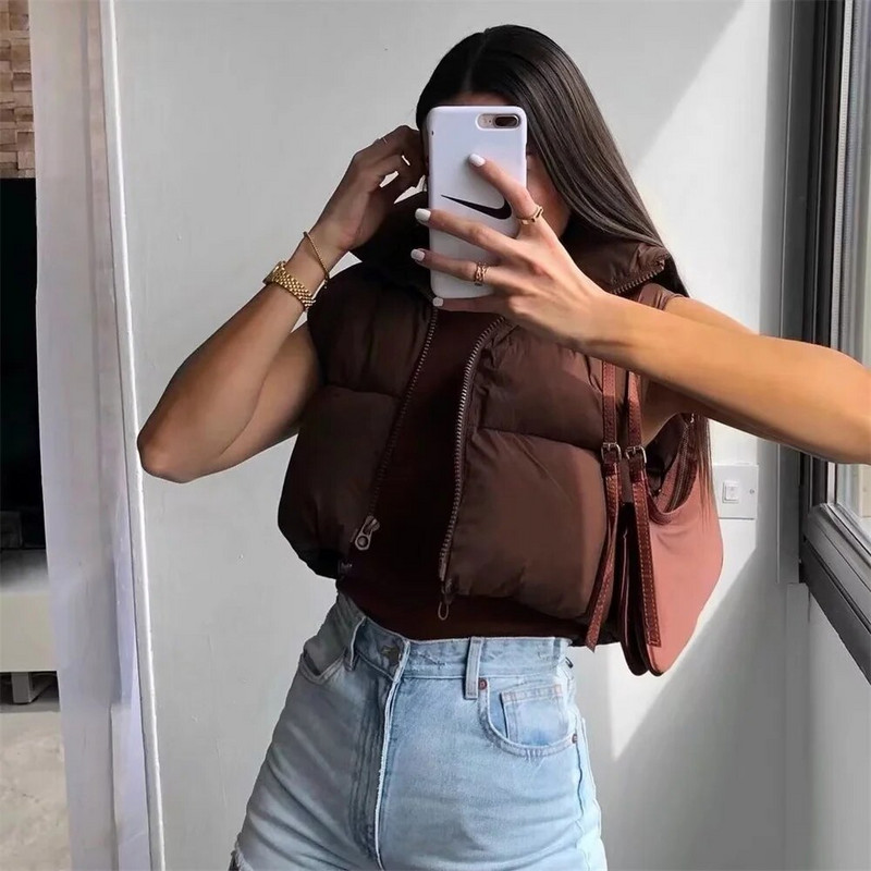 PB&ZA 2023. Nova ženska puhasta jakna za jesen i zimu, prsluk s patentnim zatvaračem, samostojeći ovratnik, višebojna kratka topla jakna