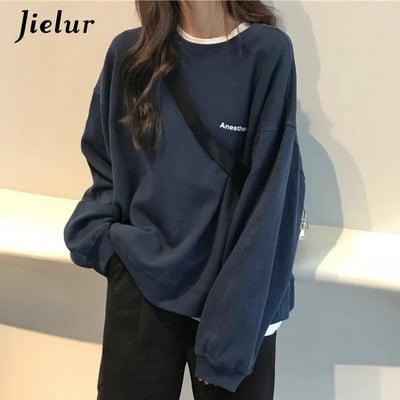 Jielur New Kpop Letter Hoody Fashion Korėjos ploni prašmatnūs moteriški megztiniai Šaunūs tamsiai mėlyni pilki gobtuvai moterims M-XXL