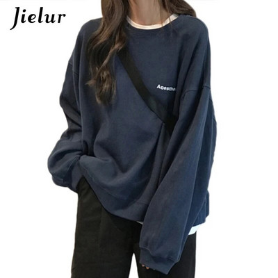 Jielur New Kpop Letter Hoody Fashion Korea õhukesed šikid naiste kampsunid Lahedad tumesinised hallid naiste pusad M-XXL