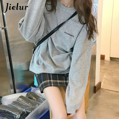 Jielur New Kpop Letter Hoody Fashion Korea õhukesed šikid naiste kampsunid Lahedad tumesinised hallid naiste pusad M-XXL