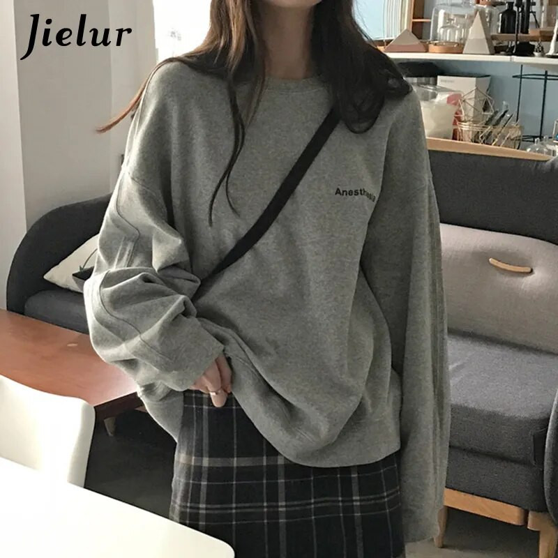 Jielur New Kpop Letter Hoody Fashion Korea õhukesed šikid naiste kampsunid Lahedad tumesinised hallid naiste pusad M-XXL