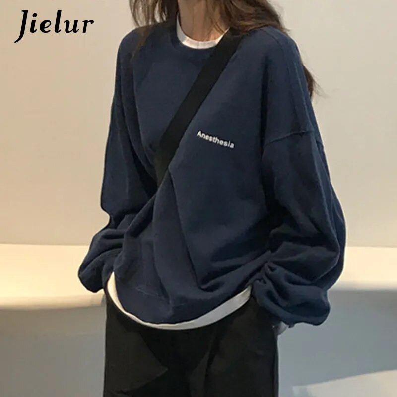 Jielur New Kpop Letter Hoody Fashion Korea õhukesed šikid naiste kampsunid Lahedad tumesinised hallid naiste pusad M-XXL