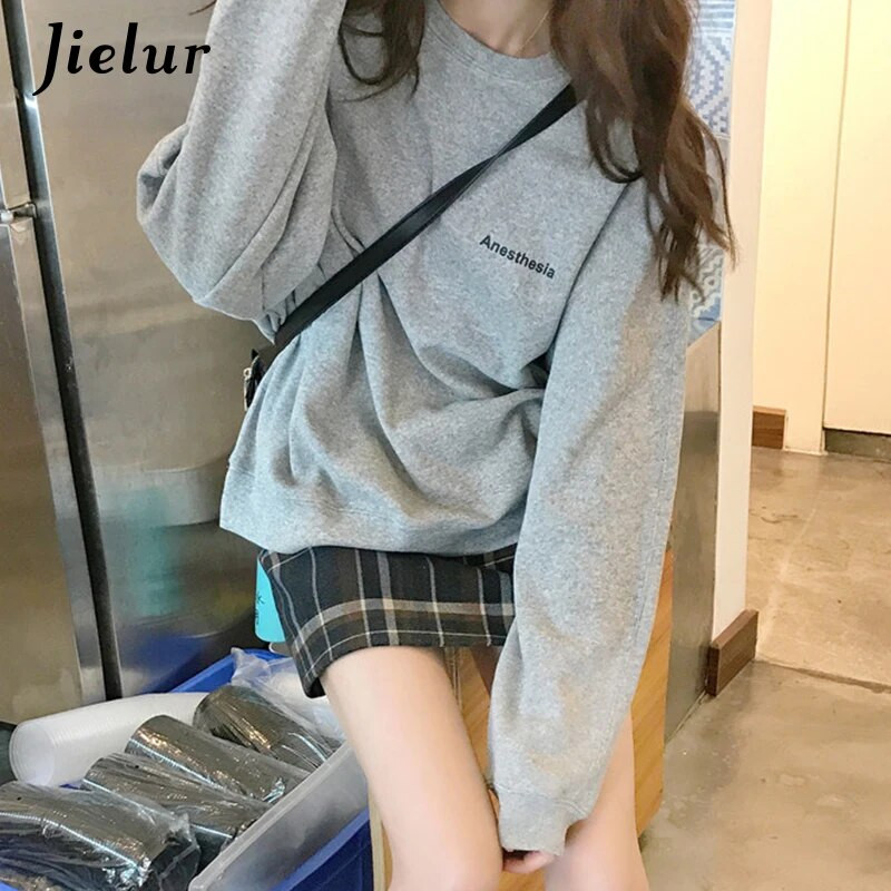 Jielur New Kpop Letter Hoody Fashion Korea õhukesed šikid naiste kampsunid Lahedad tumesinised hallid naiste pusad M-XXL