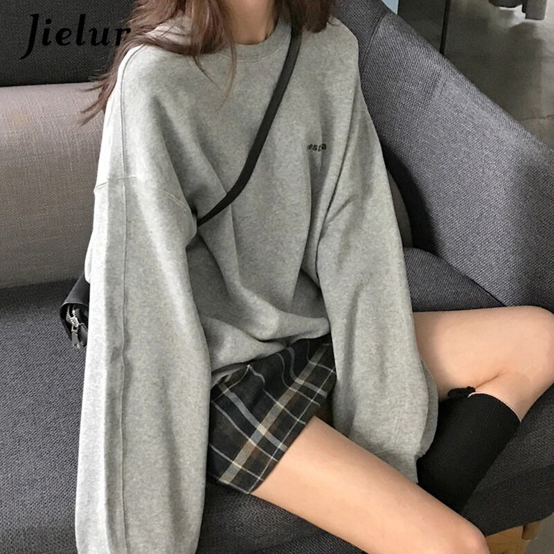 Jielur New Kpop Letter Hoody Fashion Korea õhukesed šikid naiste kampsunid Lahedad tumesinised hallid naiste pusad M-XXL