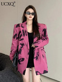 UCXQ raidėmis marginti švarkai, moteriški raišteliai, palaidi ilgomis rankovėmis, rožiniai kostiumai, paltai, gatvės apranga, 2023 m. rudens bolero moteriška striukė 23XF358