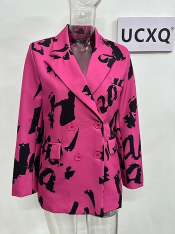 UCXQ Letter εμπριμέ blazers Γυναικεία οδοντωτή ροζ μακρυμάνικα κοστούμια Παλτό Streetwear 2023 Φθινοπωρινό Bolero Γυναικείο μπουφάν 23XF358