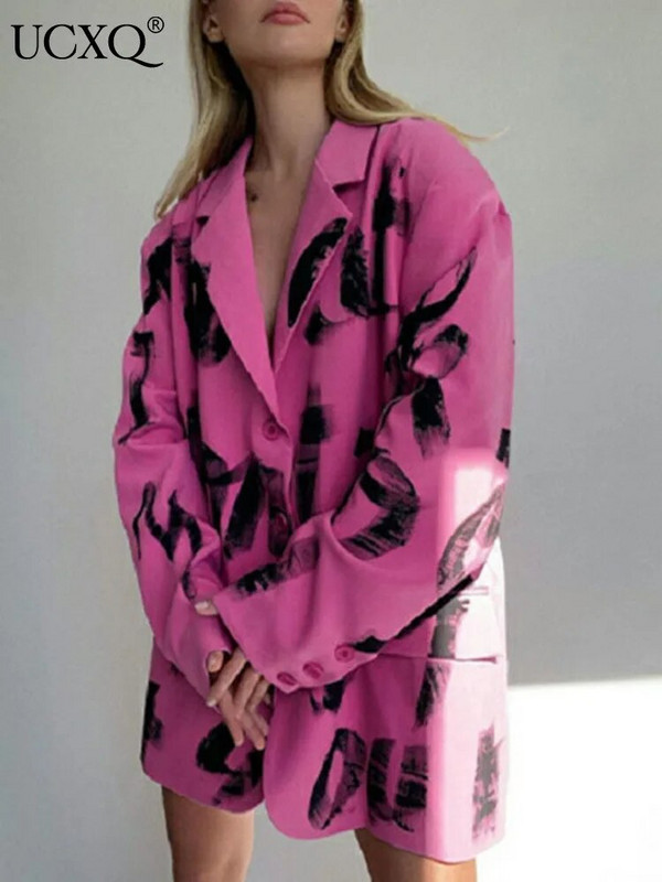 UCXQ raidėmis marginti švarkai, moteriški raišteliai, palaidi ilgomis rankovėmis, rožiniai kostiumai, paltai, gatvės apranga, 2023 m. rudens bolero moteriška striukė 23XF358