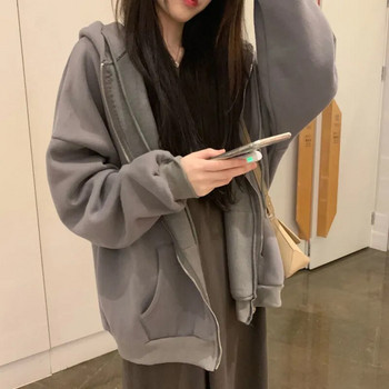 Γυναικεία φούτερ με φερμουάρ Casual Oversized με κουκούλα Κορεάτικου στιλ Hoodies Harajuku Solid Loose μακρυμάνικο γυναικείο μπουφάν Μεγάλα παλτό