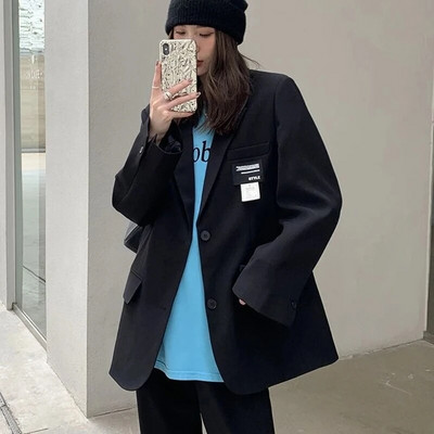 MEXZT bleizeri sieviešu eleganti vienkrāsaini uzvalku jakas korejiešu biroja dāmu vienkāršas vienrindas brīvs brīvā laika mētelis, kas atbilst Jauns