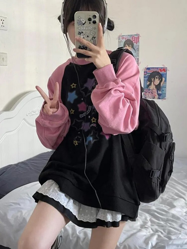 Deeptown Y2K esteetilised tähtprinteriga pusad Naiste Harajuku Kpop vabaaja ülisuured kampsunid Tänavarõivad lahtised pullover Topid E-tüdruk