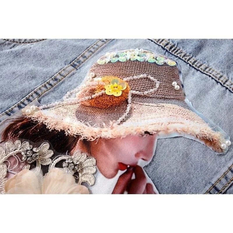 Γυναικείο τζιν γιλέκο με λουλούδια με διαμάντι, κομμένο αμάνικο κορυφαίο κορεάτικο φανελάκι μόδας, μοντέρνο γιλέκο