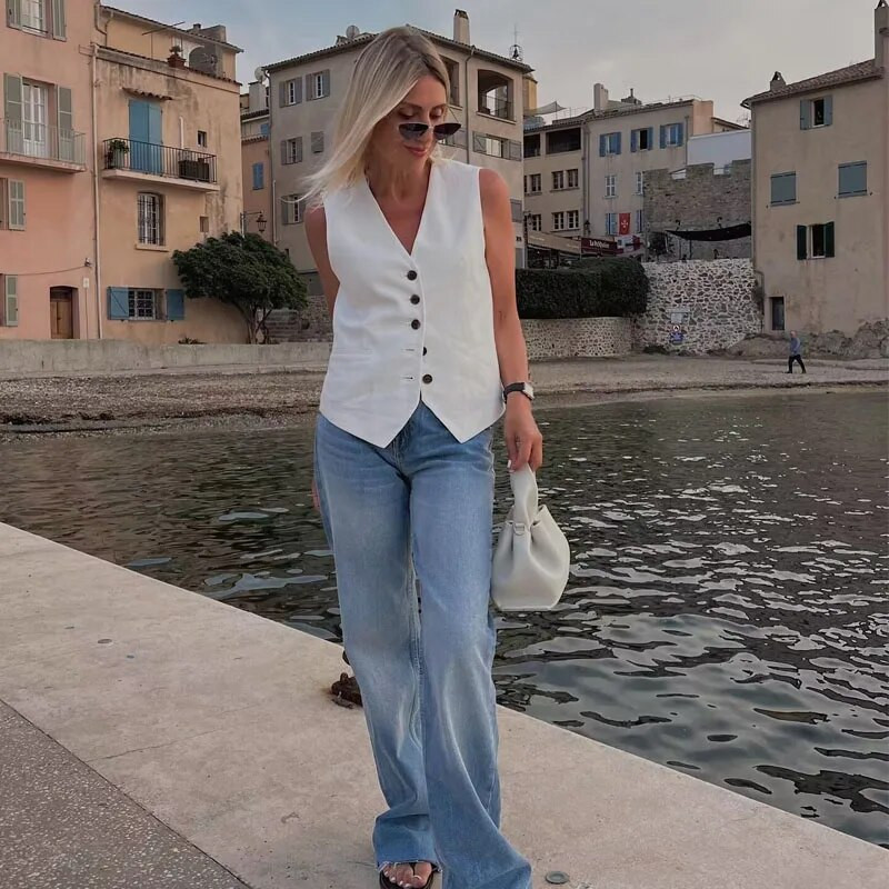 TRAF Γυναικείο γιλέκο φθινοπωρινό Μόδα αμάνικο μπουφάν 2023 Γυναικείο λαιμόκοψη V Working Korea Γυναικείο γιλέκο Νέο σε εξωτερικά ρούχα