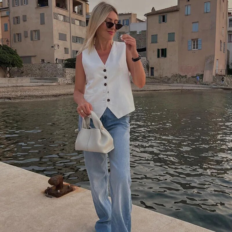 TRAF Γυναικείο γιλέκο φθινοπωρινό Μόδα αμάνικο μπουφάν 2023 Γυναικείο λαιμόκοψη V Working Korea Γυναικείο γιλέκο Νέο σε εξωτερικά ρούχα