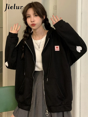 Jielur Νέα Κορεάτικη φούτερ με κεντημένη κουκούλα Γυναικεία ζακέτα φθινοπωρινό λεπτό παλτό Γυναικείο φερμουάρ Βερίκοκο Φούτερ Streetwear M-XL