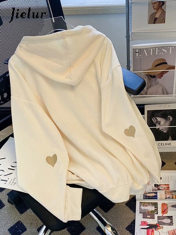 Jielur Uus Tikitud kapuutsiga Korea dressipluus Naiste kampsun Sügis õhuke mantel Naiste tõmblukk Aprikoos Hoodid Tänavarõivad M-XL