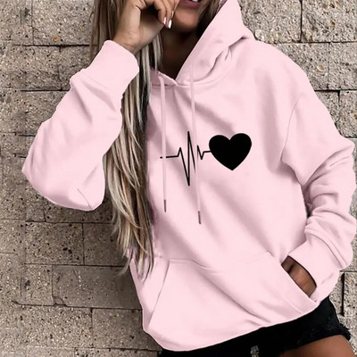 Dropshipping!! New Arrival Women Hoodie Drawstring Warm Pullover Heart Print Spring Hoodie