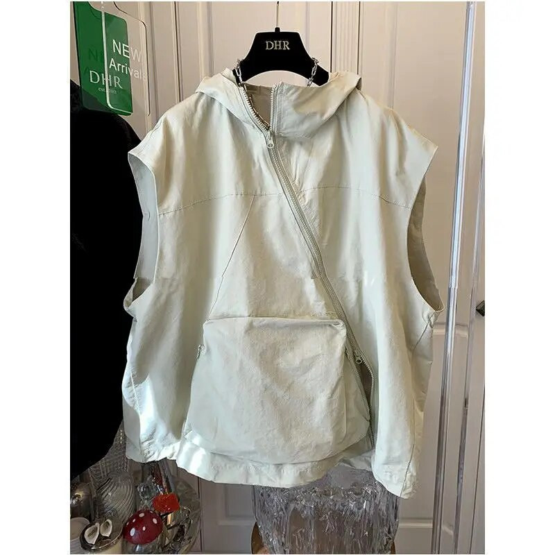 Suuremõõtmelised kapuutsiga vestiga mantlid Naiste mood diagonaalne lukuga varrukateta kapuutsid vabaaja vaba vest Kevadsuvised vestid jakk