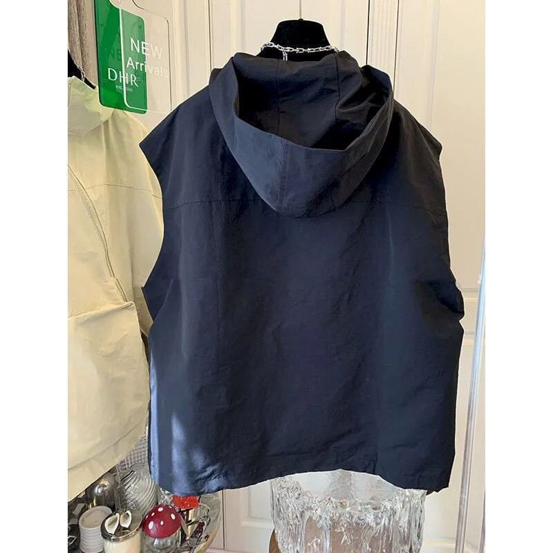 Suuremõõtmelised kapuutsiga vestiga mantlid Naiste mood diagonaalne lukuga varrukateta kapuutsid vabaaja vaba vest Kevadsuvised vestid jakk