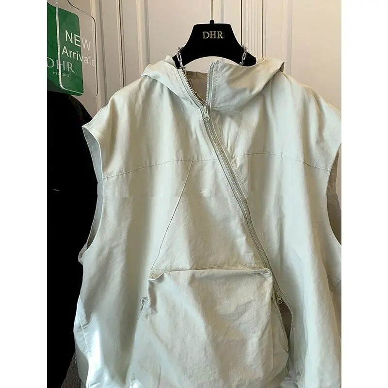 Suuremõõtmelised kapuutsiga vestiga mantlid Naiste mood diagonaalne lukuga varrukateta kapuutsid vabaaja vaba vest Kevadsuvised vestid jakk