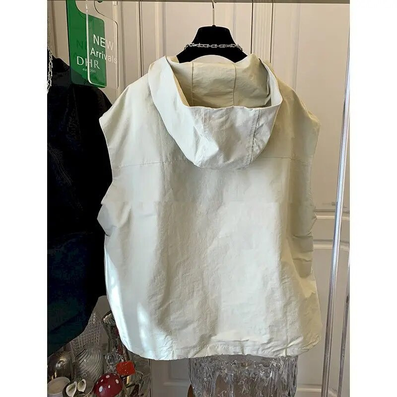 Suuremõõtmelised kapuutsiga vestiga mantlid Naiste mood diagonaalne lukuga varrukateta kapuutsid vabaaja vaba vest Kevadsuvised vestid jakk