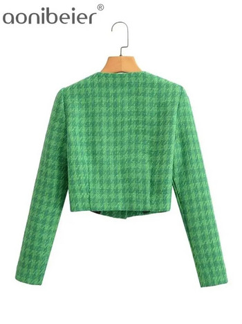 Aonibeier 2023 Άνοιξη Γυναικείο μπουφάν Traf Μεταλλικά κουμπιά Εφαρμοσμένα Houndstooth Blazers Γυναικεία κομψά μπλουζάκια Cropped Πράσινα